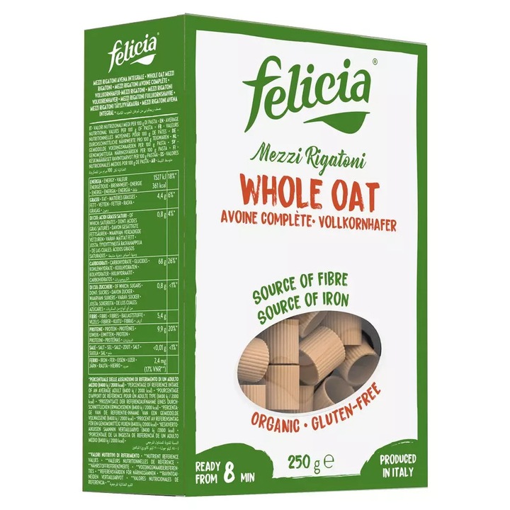 Mezzi Rigatoni bio din faina integrala de ovaz, 250g Felicia