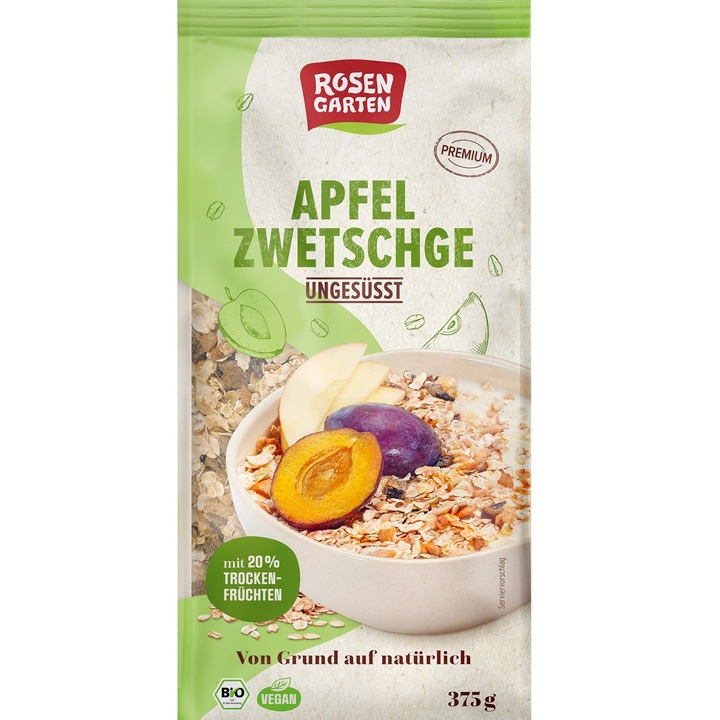 Musli bio neindulcit cu mere si prune, 375 g Rosen Garten
