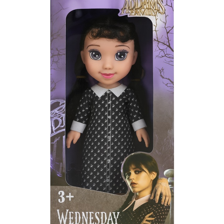 Papusa articulata inspirata din universul Wednesday, 28 cm, par impletit si rochie neagra cu detalii albe