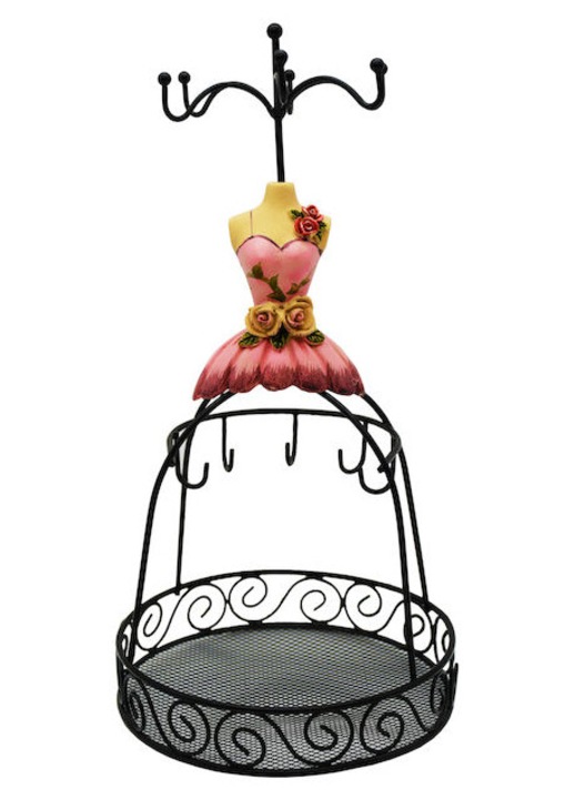 Suport bijuterii manechin rochie roz, cutie bijuterii, design elegant, pentru coliere, bratari, inele, cercei