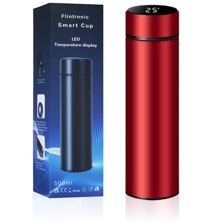 Termosz Smart, LuckyLu®, hőmérsékletjelzővel, hideg/meleg, rozsdamentes acélból, 500 ml, 22.5 x 6.5 cm, piros