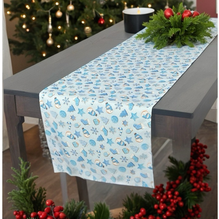 Napron de masa DENISA-DO, bumbac/poliester, albastru, pentru Craciun, 40x220cm