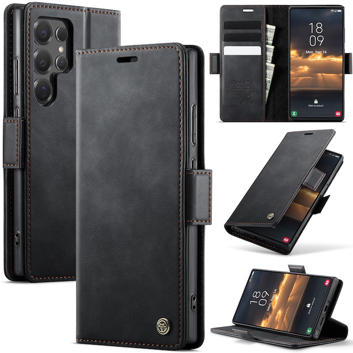 Калъф за Samsung Galaxy S25 Ultra – тънък тип портфейл, със стойка и магнитно закопчаване – гладка текстура, сигурен захват, лесен за почистване, изчистен и минималистичен дизайн, CaseMe, Въглеродно черно