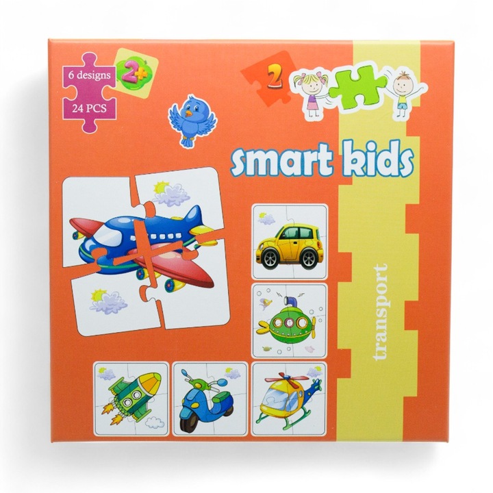 Oktató kirakó gyermekeknek – Smart Kids Transport – 24 darabos készlet 6 féle járművel – autó, repülő, helikopter, motorkerékpár, rakéta, tengeralattjáró – interaktív játék a gondolkodás fejlesztésére – kreatív és szórakoztató ajándék gyerekeknek