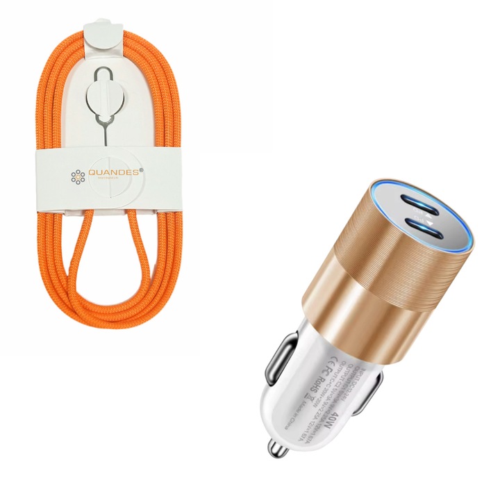 Kit incarcator auto Dual USB-C-C 40W Fast Charger, 1 Cablu date USB-C-C 60W, 1M orange woven Compatibil cu iPhone 17, 17 pro max, QUANDES®