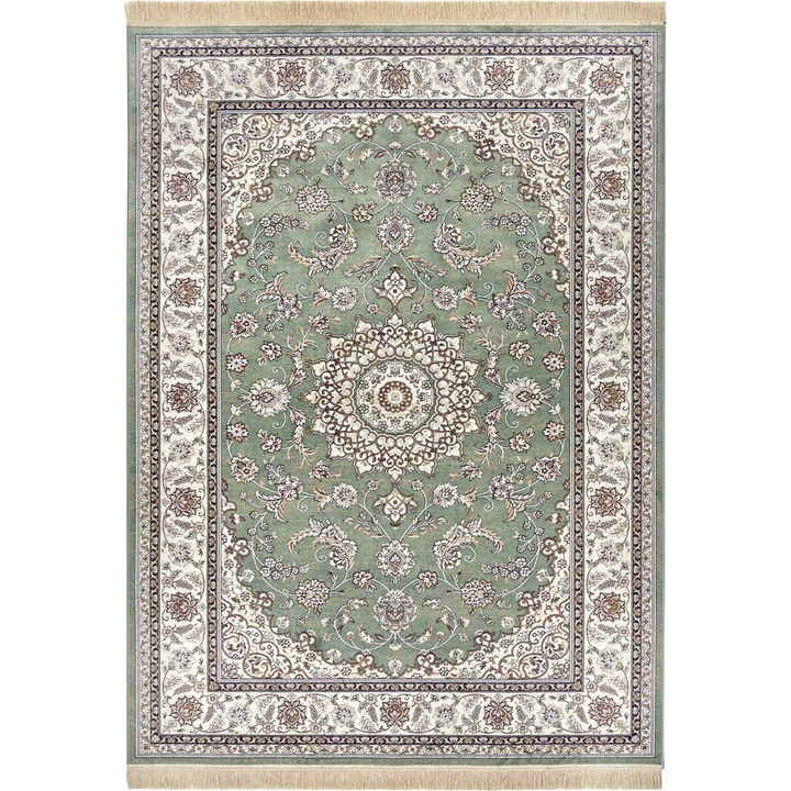 Covor, HANSE HOME, EVA, 95x140 cm, Clasic, Oriental, crem/verde, fir scurt, cu franjuri, 60% viscoza/40% bumbac, Certificat Oeko-Tex, pentru incalzire prin pardoseala