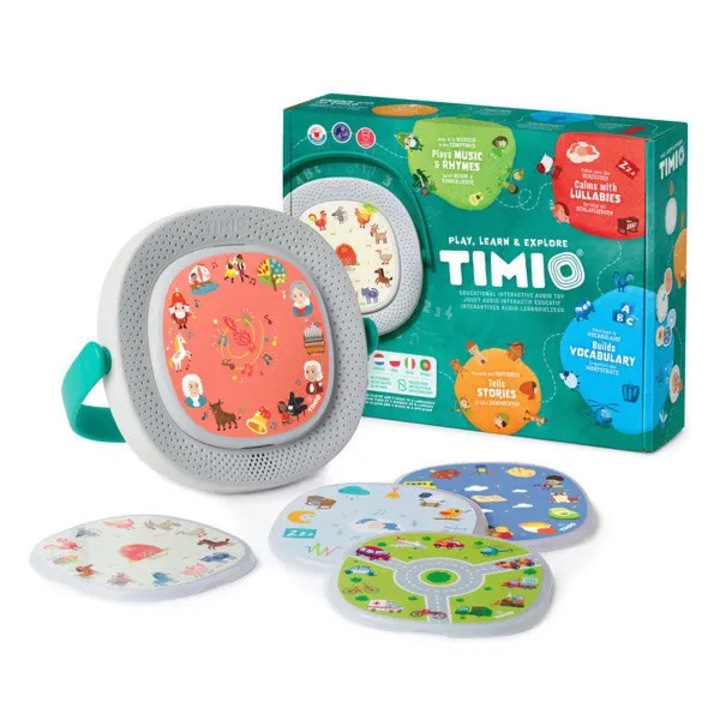 Jucarie interactiva educativa, Timio, dispozitiv si 5 discuri audio, 8 limbi, pentru copii 2-6 ani