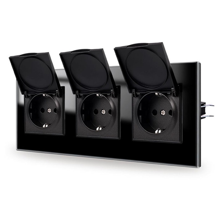 Вграден контакт Rqiurpn, 3 контакта, черен, стъкло, 228x86mm