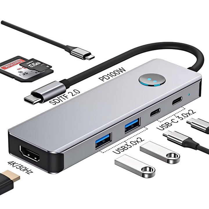 Dokkolóállomás USB Type-C 8 az 1-ben, 4K 30Hz, 2 X USB 3.0, 2 x Type-C 3.0, PD 100W, SD/TF kártyaolvasó, 5Gbps, Univerzális kompatibilitás, Képernyővezérlő gomb, Alumínium ötvözet, Ezüst