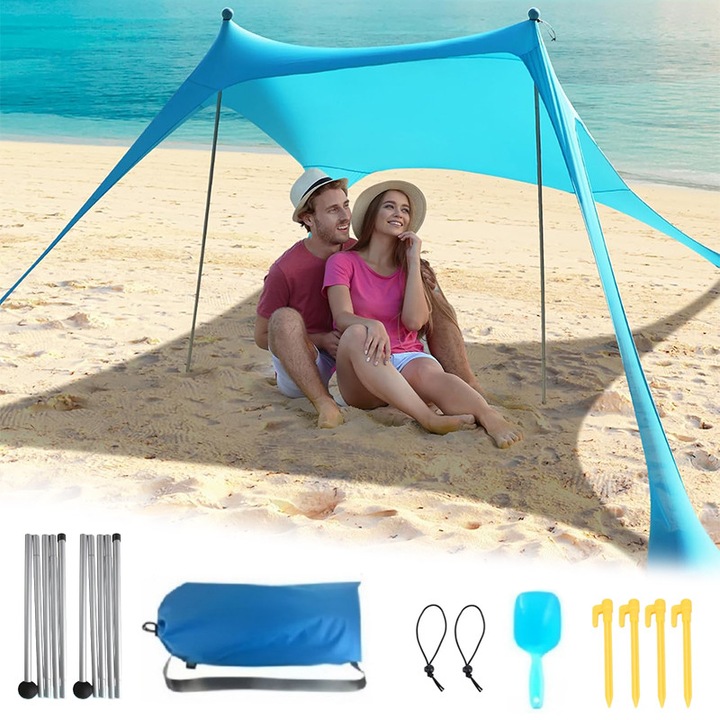 Cort de plaja umbrar, 200x160 cm, pentru 1-3 persoane, rezistent la vant, UPF50+, 2 suporturi metalice stabile si durabile, portabil, usor de utilizat, cu husa de transport, potrivit pentru familie plaja, camping si activitati in aer liber, albastru