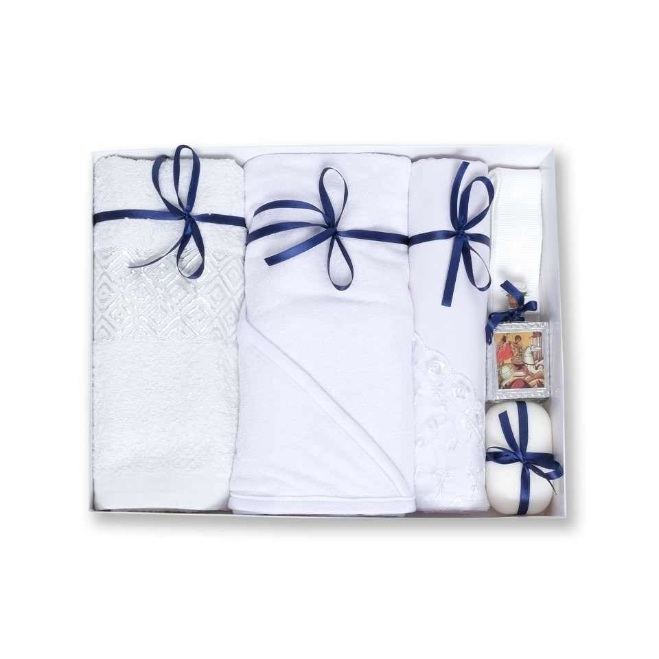 Set trusou pentru botez 6 piese alb/bleumarin