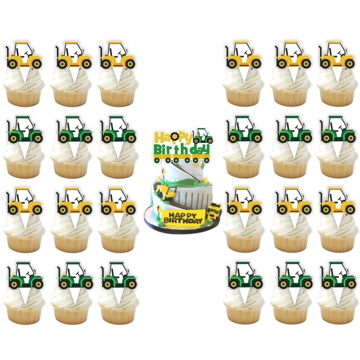 Set Topper Tort, Petrecere Tematica Tractor, Set 25 Bucati Include 1 Topper Happy Birthday, Carton, Perfect pentru Aniversare, Baby Shower