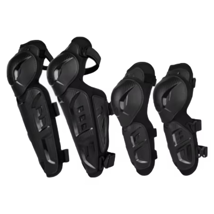 Set protecții moto SCOYCO, genunchiere și cotiere, negru, M, cu design reflectorizant și suport antiderapant.