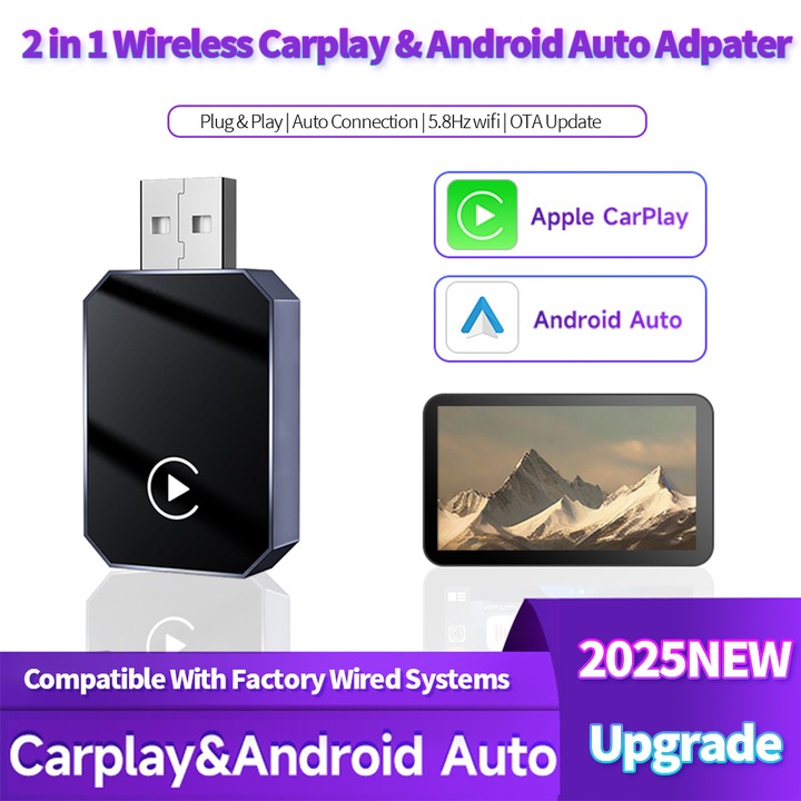 Vezeték nélküli CarPlay és Android Auto 2 az 1-ben adapter, AjieQaQ, 5GHz WiFi, plug-and-play, fehér