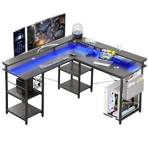 Birou în formă de L, UWOT, 140x140x76cm, cu iluminare LED și prize integrate, Fibra de carbon Negru