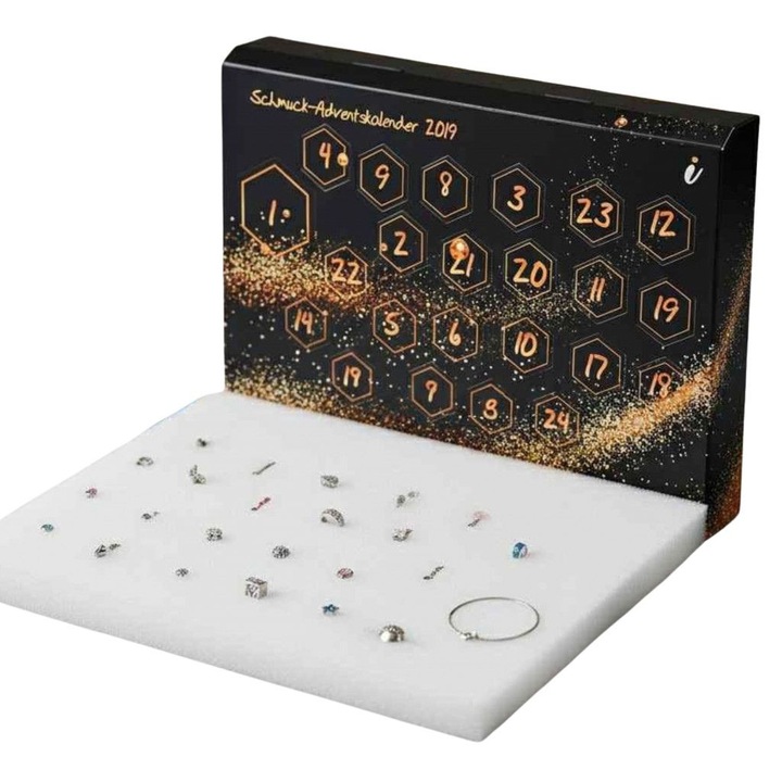 Луксозен бижутериен адвент календар, 24 отделни изненади, Метална сплав с покритие, Декоративни кристали, 40 × 30 сантиметра, Черен/златист