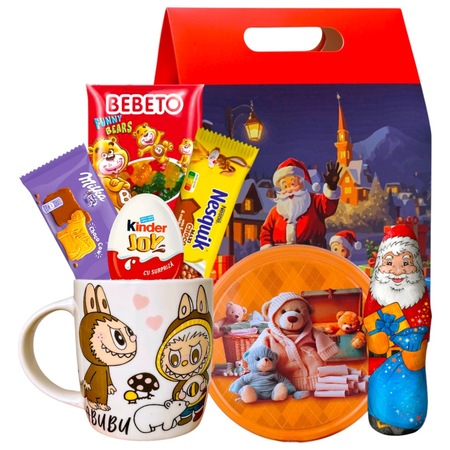 Pachet cadou Craciun pentru copii - cana cu personajele LABUBU, ou kinder joy, milka