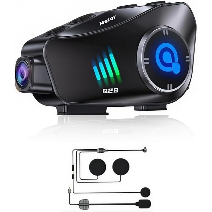 Sistem de comunicare pentru motocicleta, echipat cu o camera de inalta definitie (1080P) si un card de memorie de 32 GB, OUYLAY, Bluetooth 5.3, baterie de 1500 mAh, raspuns automat, redare muzica si grad de impermeabilitate IPX6
