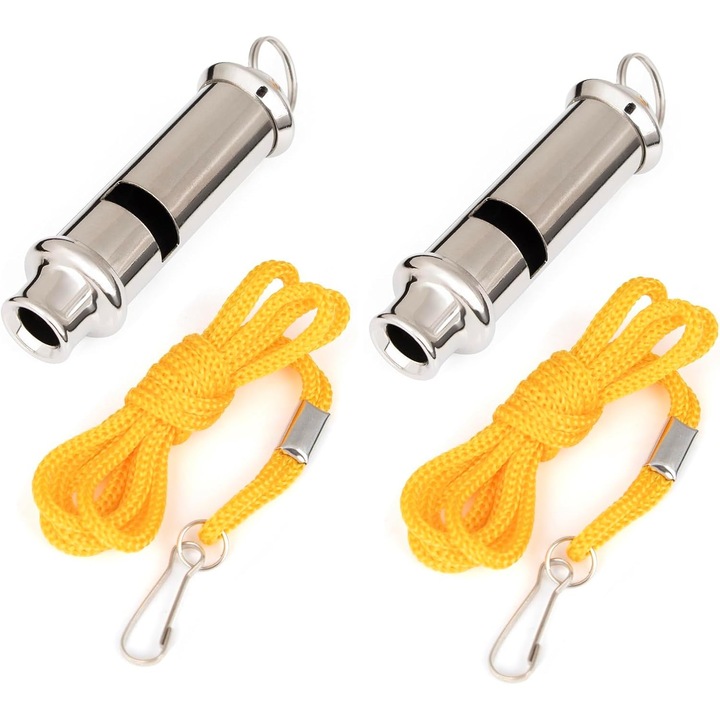 Nagyfrekvenciás síp, alkalmas túrázáshoz, kempingezéshez, sportedzéshez, háziállatok képzéséhez és személyes biztonsághoz. Zsinórral szállítva a könnyű hordozhatóság érdekében. OUYLAF, két darabos csomag