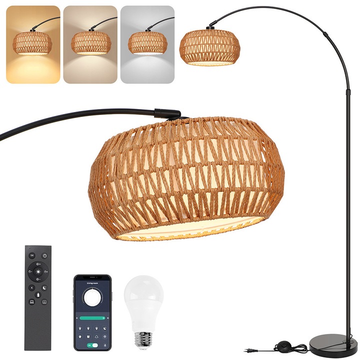Lampadar 3in1, cu abajur din ratan, inaltime ajustabila 150-180 cm, control prin telecomanda, 12 W