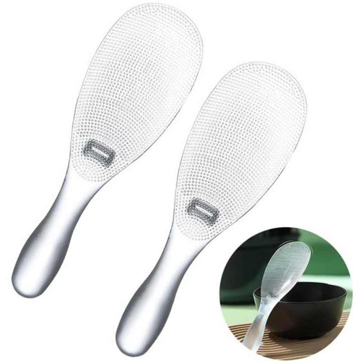 Lingura pentru orez, antiaderenta din rasina TPX, texturata cu bulbuli, rezistenta la caldura pana la 165°C, compatibila cu masina de spalat vase, argintiu, set 2 buc., 20 cm (8 in)