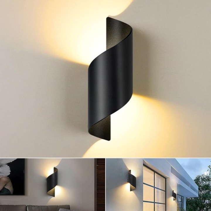 Aplica perete LED 10W moderna, negru, 3000K, 20x8cm, IP65, set
