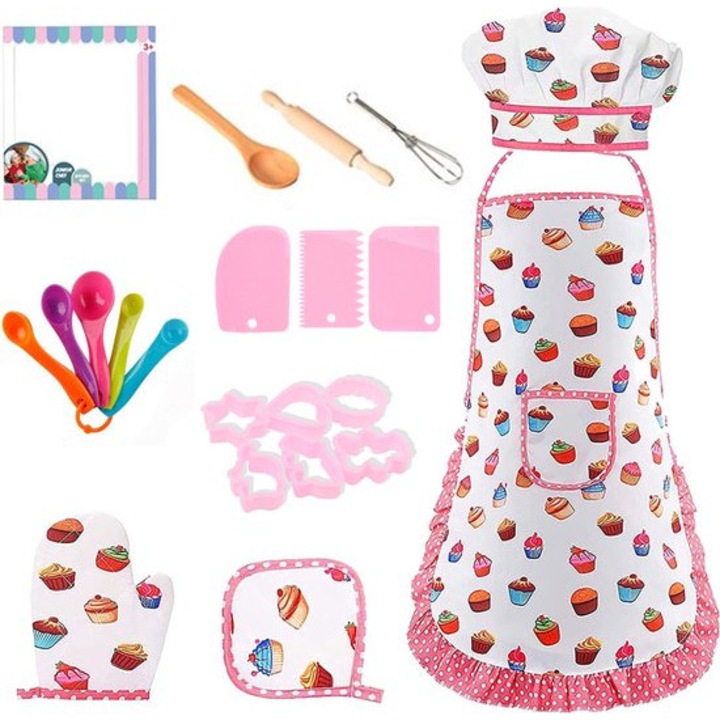 Set de joaca pentru gatit copii, 17 piese, accesorii de bucatarie, palarie de bucatar si sort, unelte de gatit, cadou pentru copii.