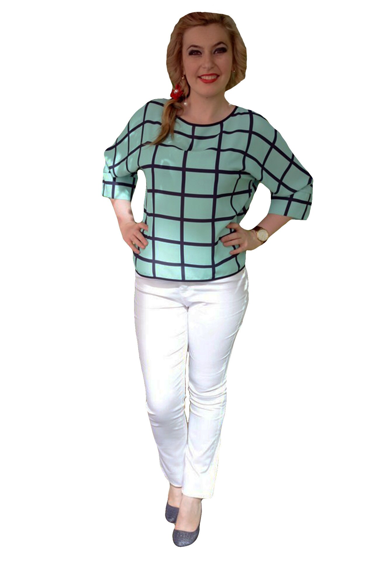 Pantaloni de vara , talie medie , D&J Exclusive, Alb