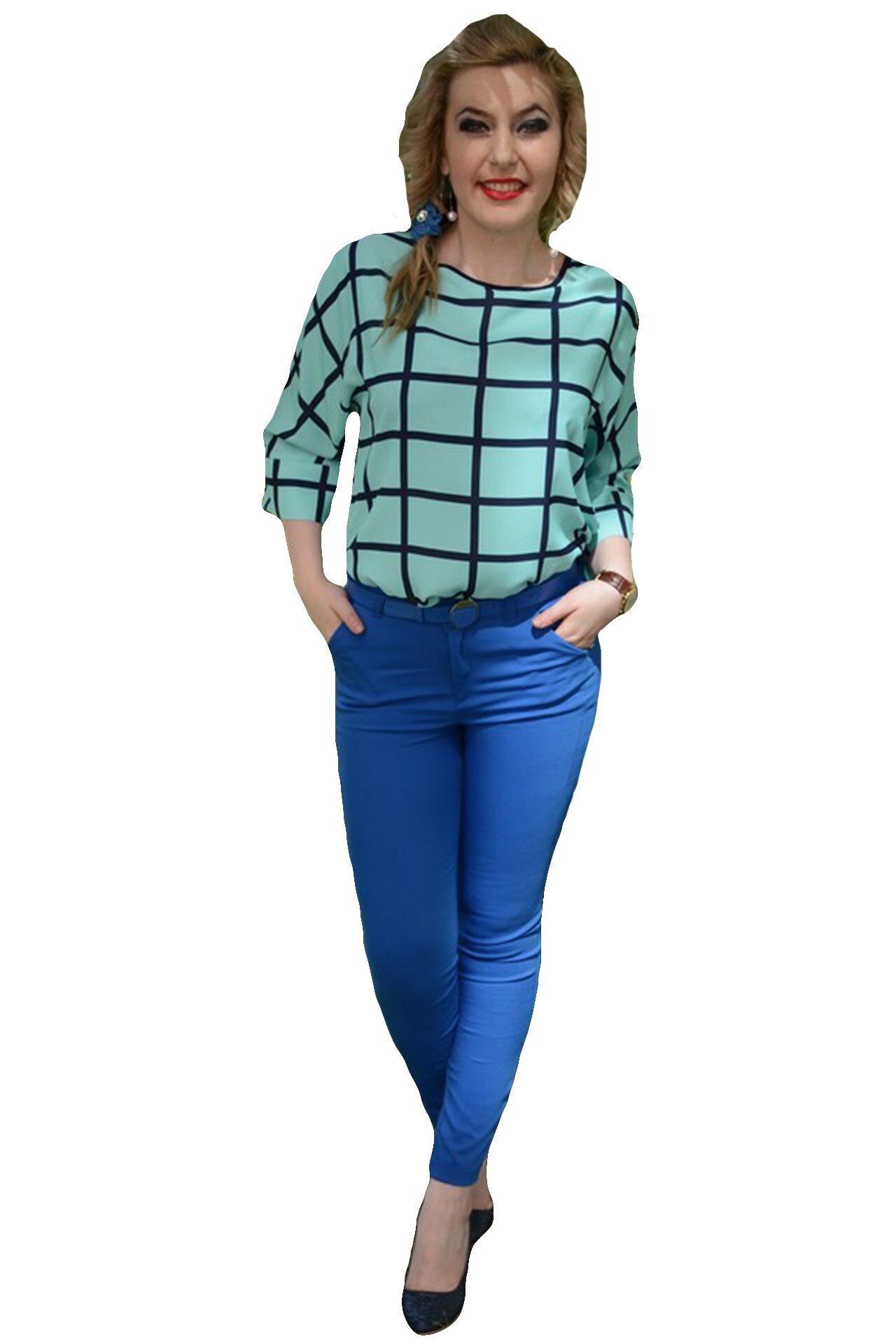 Pantaloni deosebiti, fara imprimeu, buzunare laterale,D&J Exclusive, Albastru