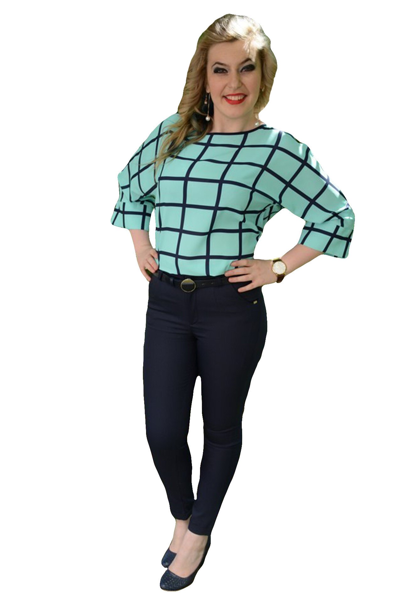 Pantaloni casual, talie medie, curea fashion si subtire,D&J Exclusive, Albastru marin