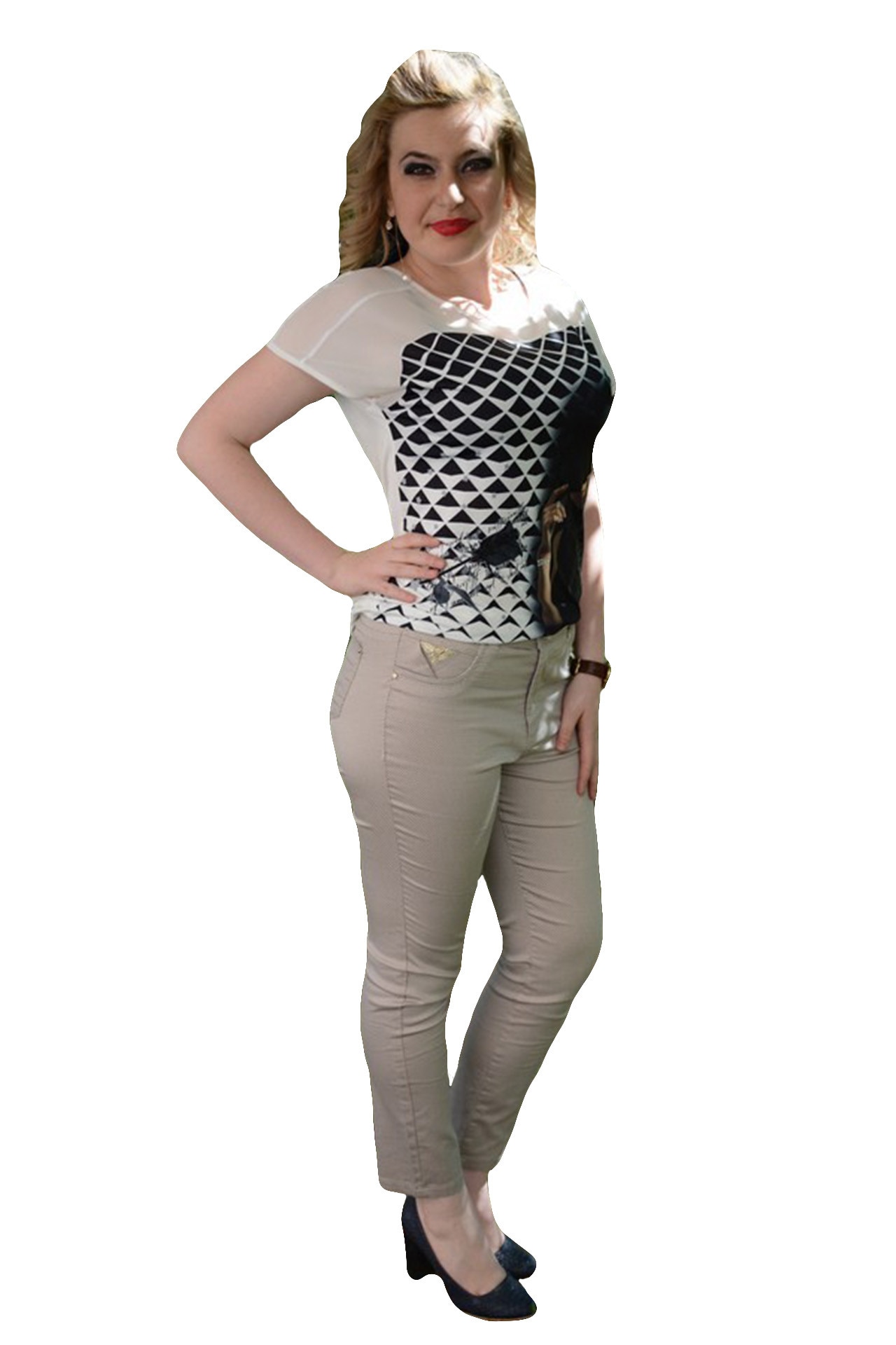 Pantaloni din material de calitate, model lung, masura mare,D&j Exclusive, Bej