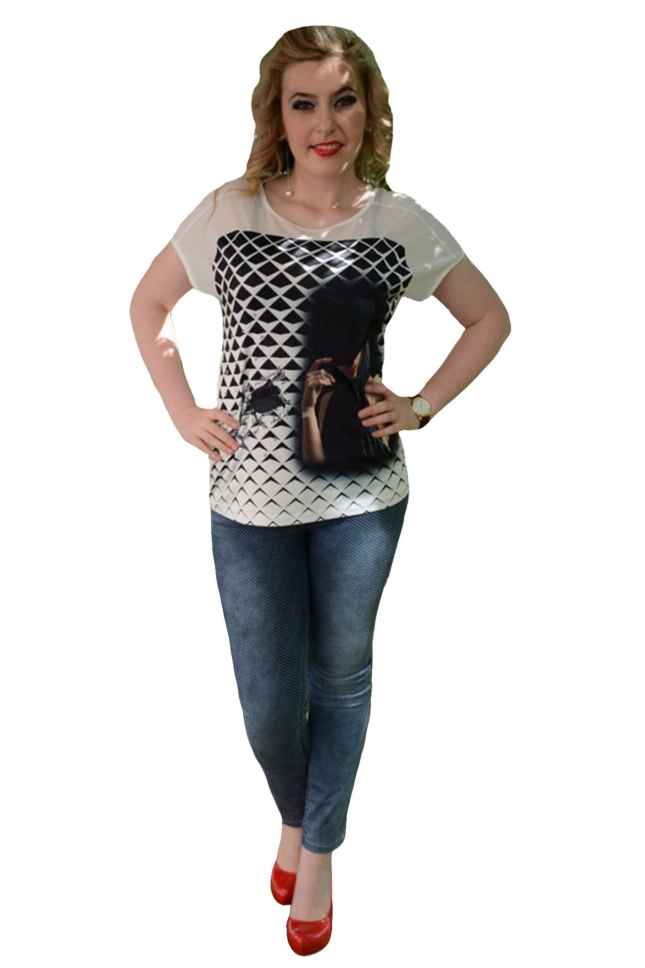 Pantaloni in tendinte cu design de buline,masura mare,D&j Exclusive, Albastru marin