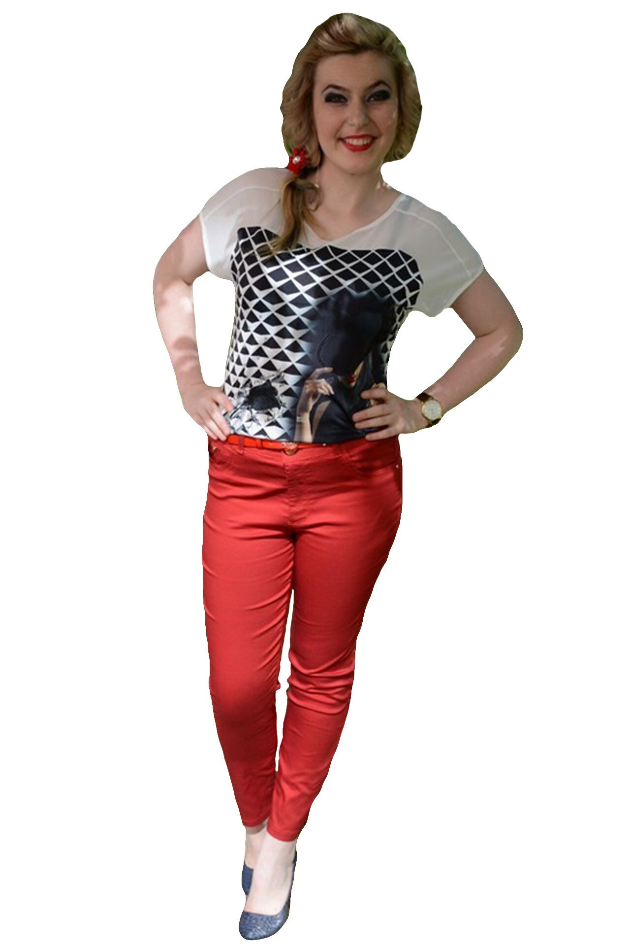 Pantaloni din material de calitate, model lung, masura mare,D&j Exclusive, Rosu