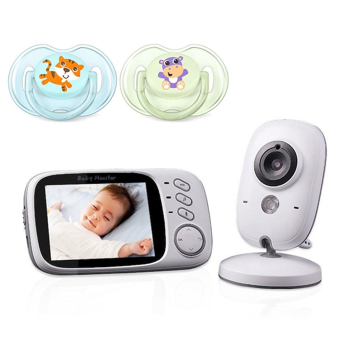 Бебефон и безжична аудио-видео камера за наблюдение на бебета, "SpyBaby™", HD XXL 3,2-инчов LCD екран, звуков сензор, инфрачервен режим за нощно виждане, Talk-Back, мониторинг на температурата, приспивни песни + биберони за подарък