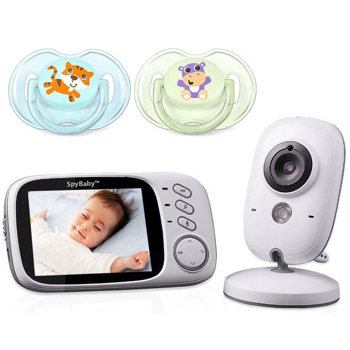 Baby Monitor si Camera Audio-Video Wireless Pentru Supraveghere Bebe, "LikeSmart SpyBaby™", Ecran HD XXL 3.2 Inch LCD, Senzor Sunet, Mod Vedere Nocturna Infrarosu, Talk-Back, Monitorizare Temperatura, Cantece de Leagan + Suzete Cadou