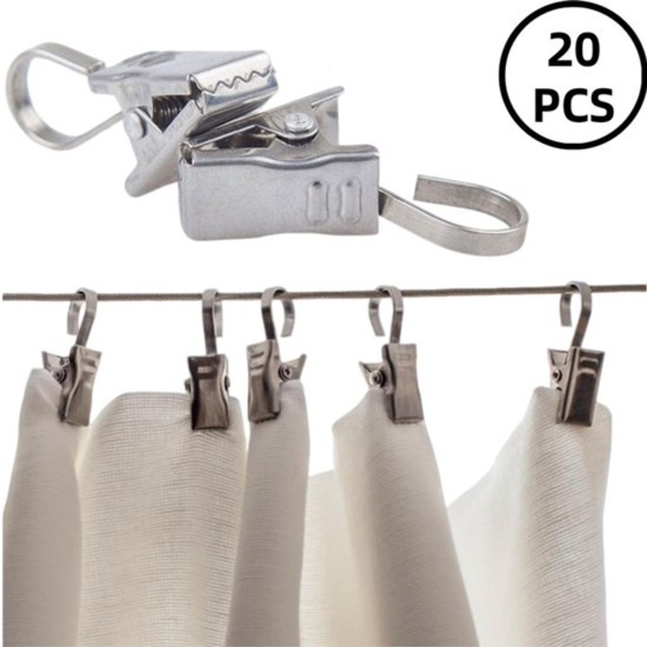 Set 20 clips din otel inoxidabil pentru perdele, argintii, 10x34x13mm