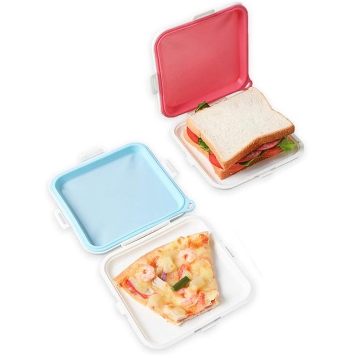 Set 2 cutii alimentare, roz si albastru, 15x15cm, design modular, reutilizabile