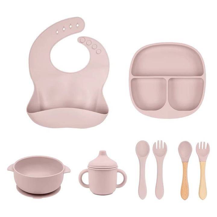 Teljes baba elválasztó szett szilikonból + AJÁNDÉK gyümölcscumi, csúszásmentes tányér négy evőeszközzel, rekeszes előke, fedeles csésze, fedeles tál, csúszásmentes.rózsaszín elérhető