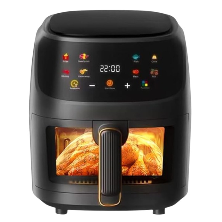 Friteuza cu Aer Cald, Air Fryer 2400W, Control Inteligent Temperatura, 8 Meniuri, Gatire 360 Grade, Fara Ulei, Negru, Unibox