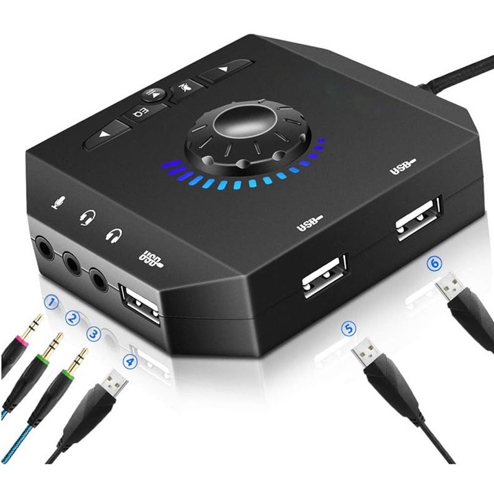 Външна звукова карта, PHOINIKAS, USB, 3 порта 3.5mm, 3 USB порта, черен