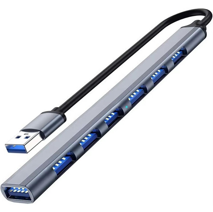 Hub USB, 6 porturi USB 2.0 + 1 port USB 3.0, 5 Gb/s, plastic, 15.5x1.7x0.7 cm