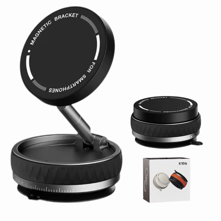 Suport Telefon Magnetic Negru cu Prindere Vacuum Ultra-Rezistenta – Compatibil MagSafe, Rotire 360°, Pliabil, Fixare pe Geam, Bord, Oglinda – Masina, Casa, Birou – Include Inel Magnetic