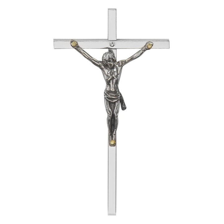 Crucifix suspendat, MORELI, 9,5 cm, argintiu, din bronz cu acoperire nichelata