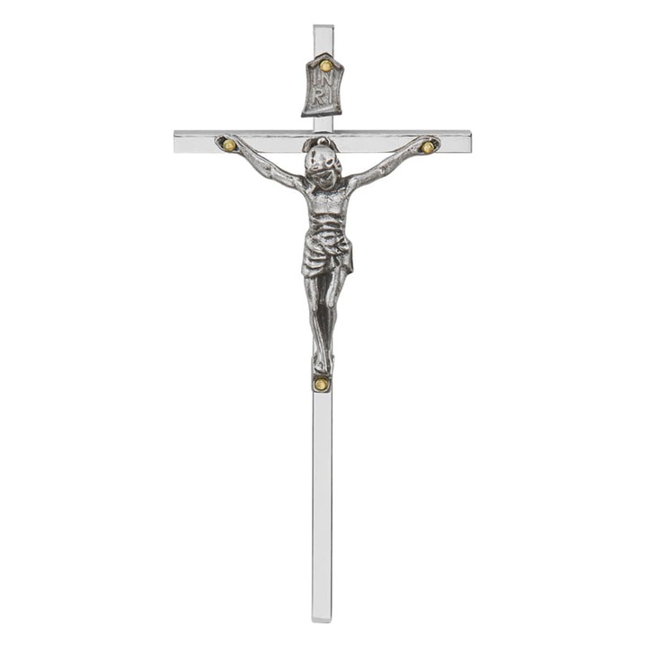 Crucifix suspendat, MORELI, nichel argintiu, 11,5 cm, realizat din aliaj de zinc, cu suport de prindere