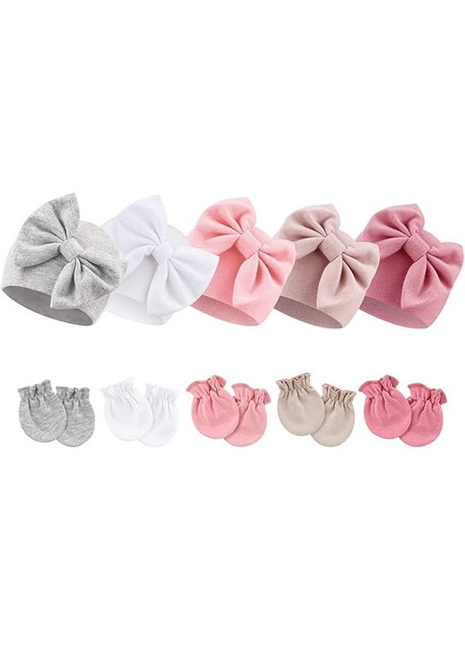 Set 5 caciulite si 5 perechi manusi pentru nou-nascuti, MWAOWM, bumbac, cu fundita, multicolor, 0-6 luni