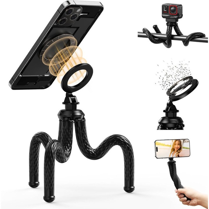Trepied flexibil pentru telefon Telesin, magnetic, iPhone/android, Baton selfie pentru inregistrare video, pentru telefoane si camere de actiune GoPro/DJI/Insta360, negru