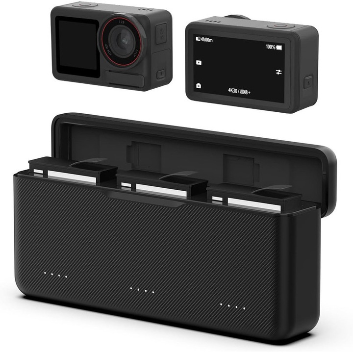 Telesin 30W PD gyorstöltő, DJI Osmo Action 5 Pro/Action 4/Action 3/OSMO 360 készülékekhez, 3 csatornás, Type-C kábellel, kompakt tároló doboz