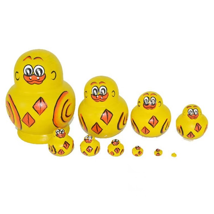 Комплект от 10 руски дървени кукли Матрьошка, ръчно рисувани, жълти