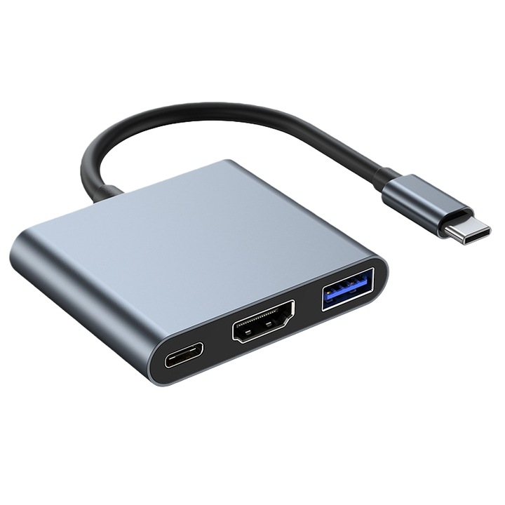 Адаптер 3 в 1, USB 3.0 адаптер, HDTV многопортов хъб, 100W PD, съвместим с MacBook, iPad, Switch, Dell, Samsung, XiaoMi, Windows и други USB-C устройства, Сив, 4K@30Hz
