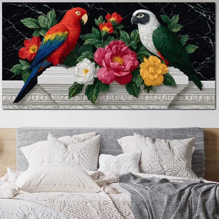 Tablou Canvas Premium, LuxCanva® M1522, Paradis Floral, 50 X 100 CM, Panza Bumbac 100% 400g/m2, Sasiu Lemn, Pasari, Papagali, Exotic, Tropical, Flori, Vintage, Marmura, Dormitor, Birou, Living, Camera Copil